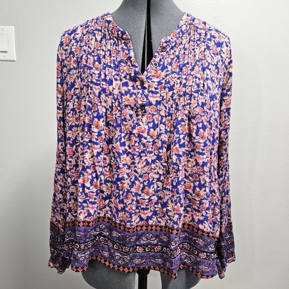 Knox Rose Tops - Knox Rose Floral Bohemian Peasant Blouse Long Sleeve Women's XL Red Blue